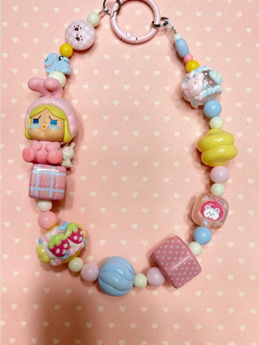 Pastel Pink Beaded Character Strap with Cute Doll Charm